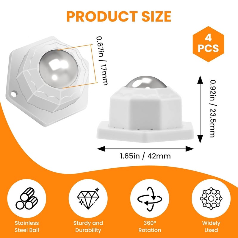 MARRTEUM 4Pcs Ball Bearing Rollers, 360º Rotation Universal Ball Casters, 200Lbs Self Adhesive Mini Caster Wheels for Trash Can, Storage Box, Small Furniture (White) - Image 2